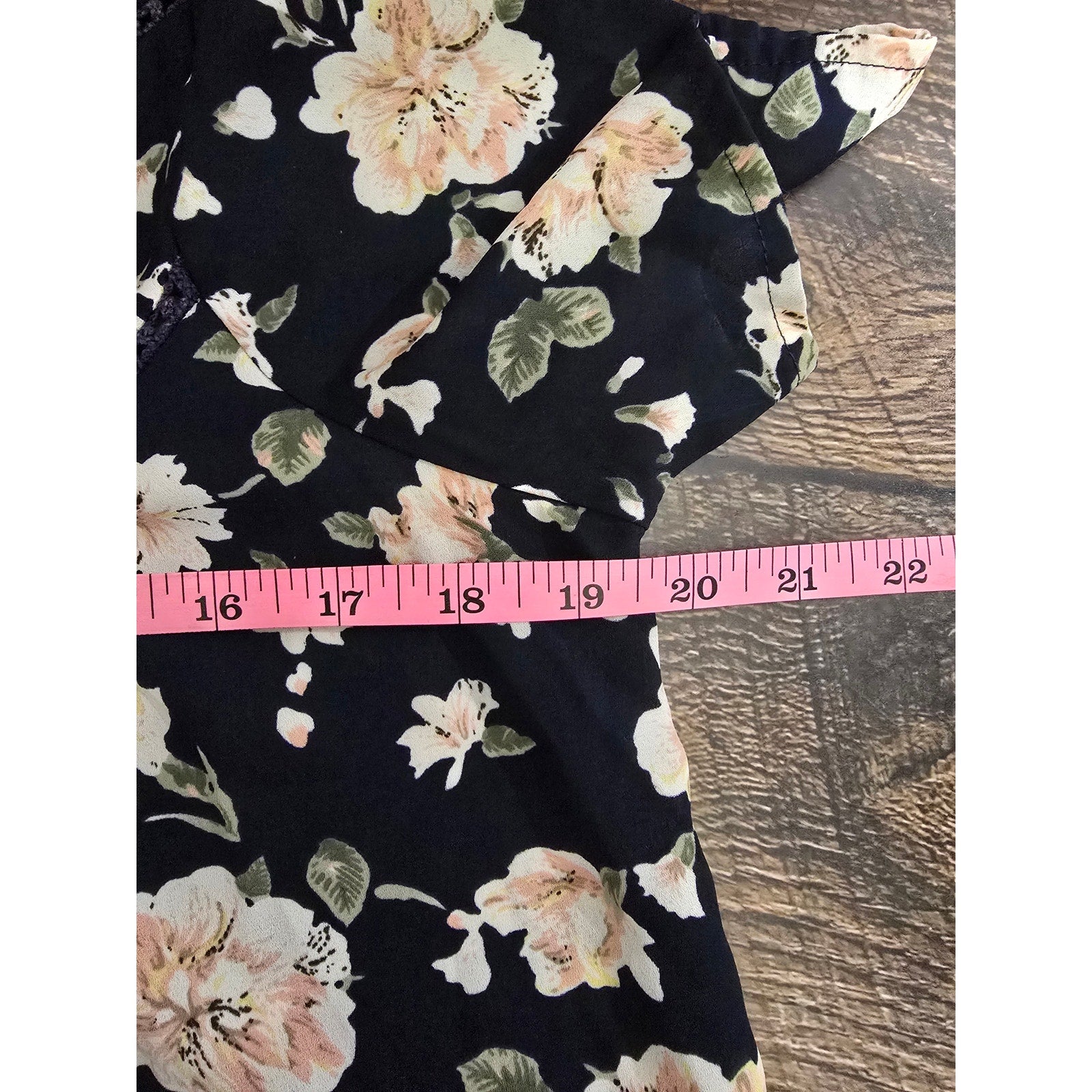 Sienna Sky Women's Size Small Navy Blue Peach Floral Crochet Trim V-Neck Blouse