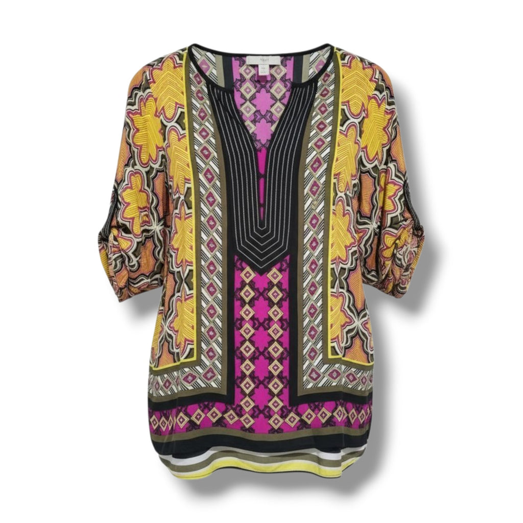 Dana Buchman Women’s Multicolor Batik Print Tunic Blouse Small | Boho Chic