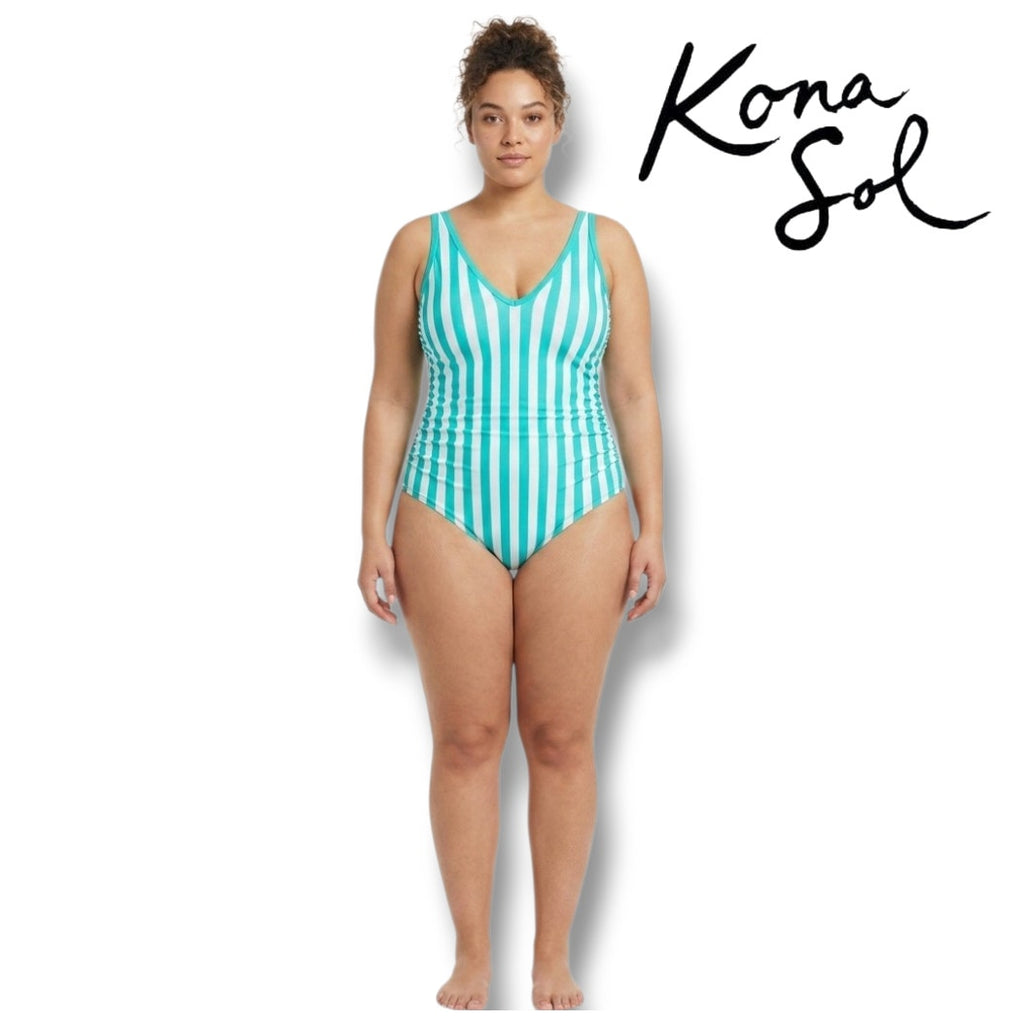 Kona Sol Women’s Teal & White Striped V-Neck One-Piece Swimsuit New