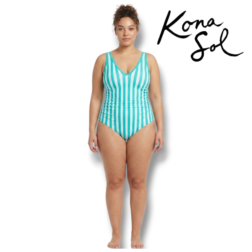 Kona Sol Women’s Teal & White Striped V-Neck One-Piece Swimsuit New