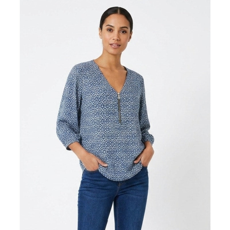 NY Collection Petite Blue Geometric Zip Front Blouse – PL, gently used