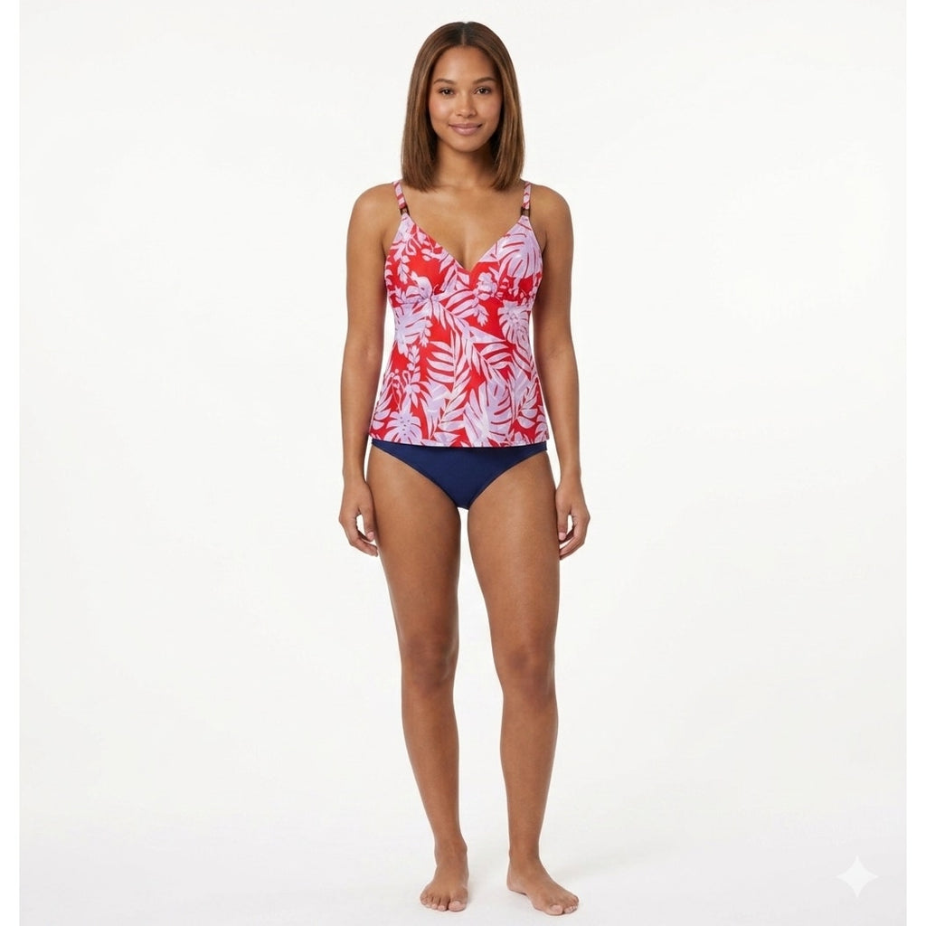 Kona Sol Women’s Red Botanical Leaf Tankini Swimsuit Top - Small NWT
