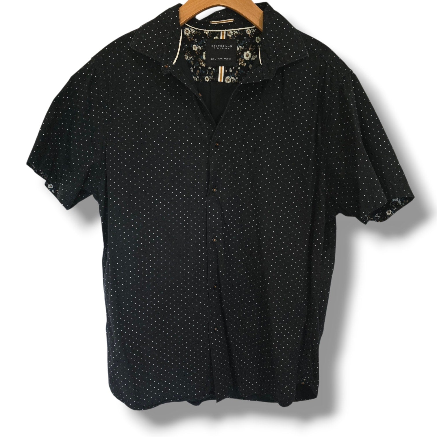 Cactus Man Ricky Singh Polka Dot Button Up Shirt Large Black Cotton