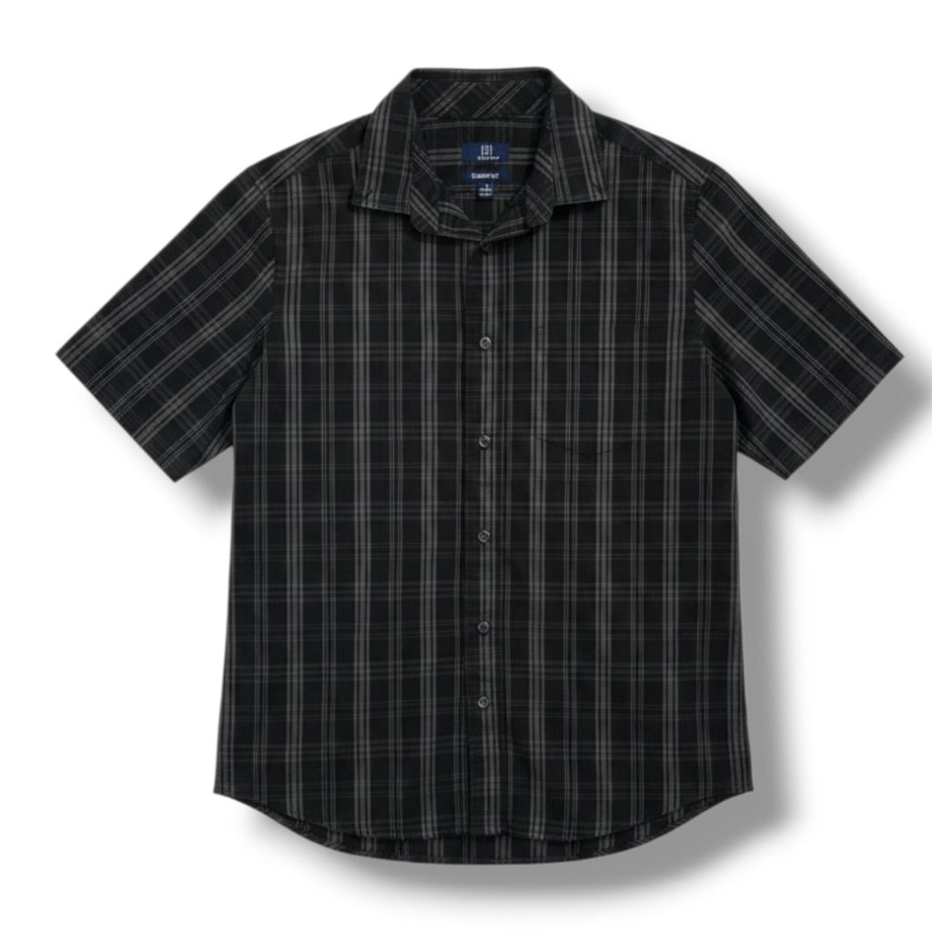 George Men's Plaid Short Sleeve Button Down Shirt M Black Gray Classic Fit