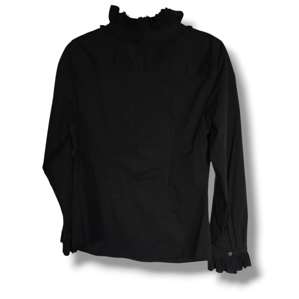 Artrageous women's Black Pleated Ruffle Trim Button-Down Blouse – Small