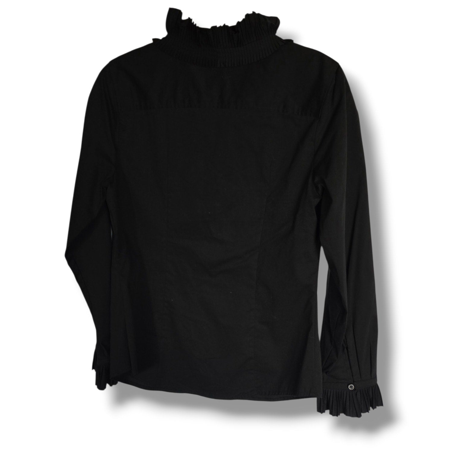 Artrageous women's Black Pleated Ruffle Trim Button-Down Blouse – Small