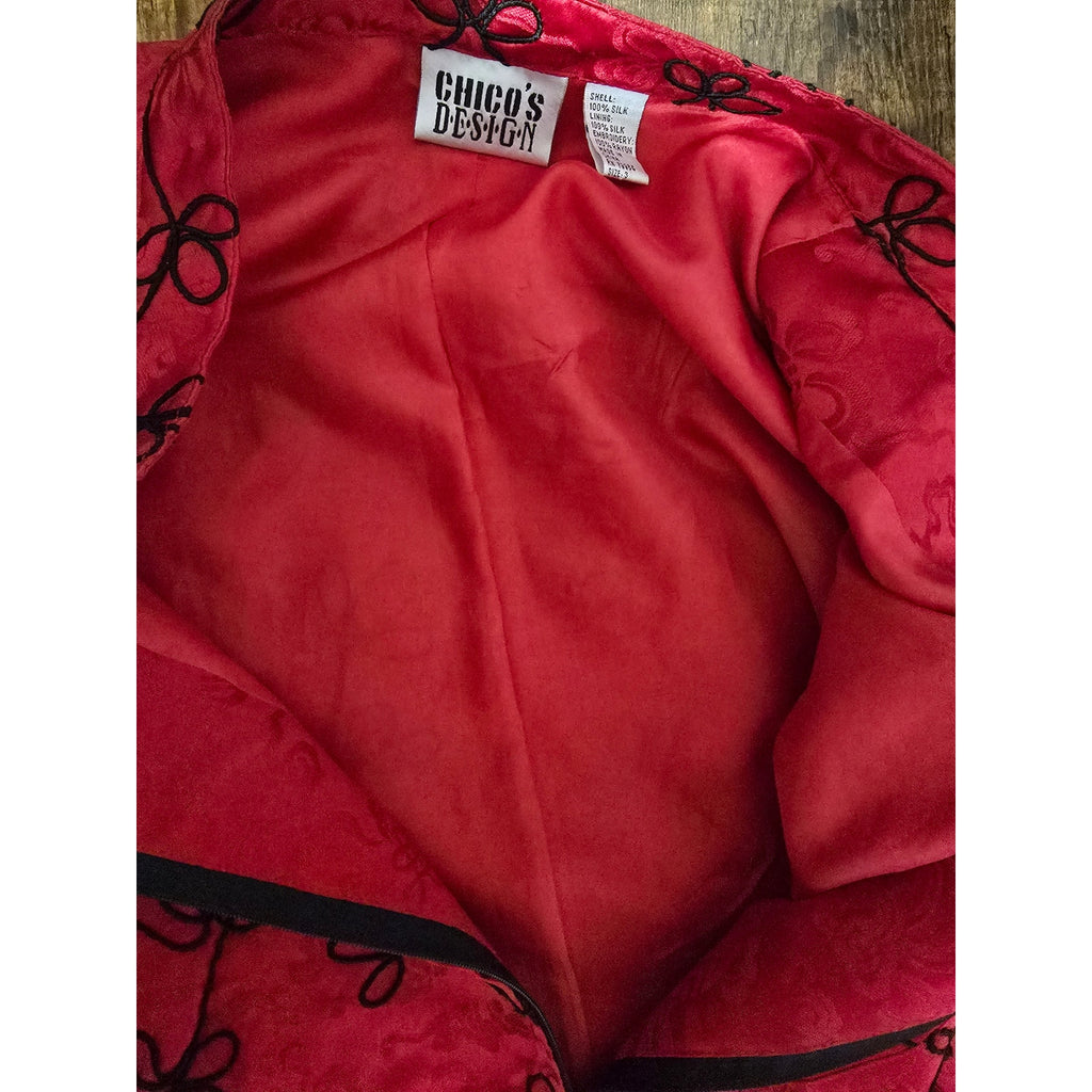 Chico's Design Vintage Women's Size 3 Red Silk Black Embroidered Zip Jacket