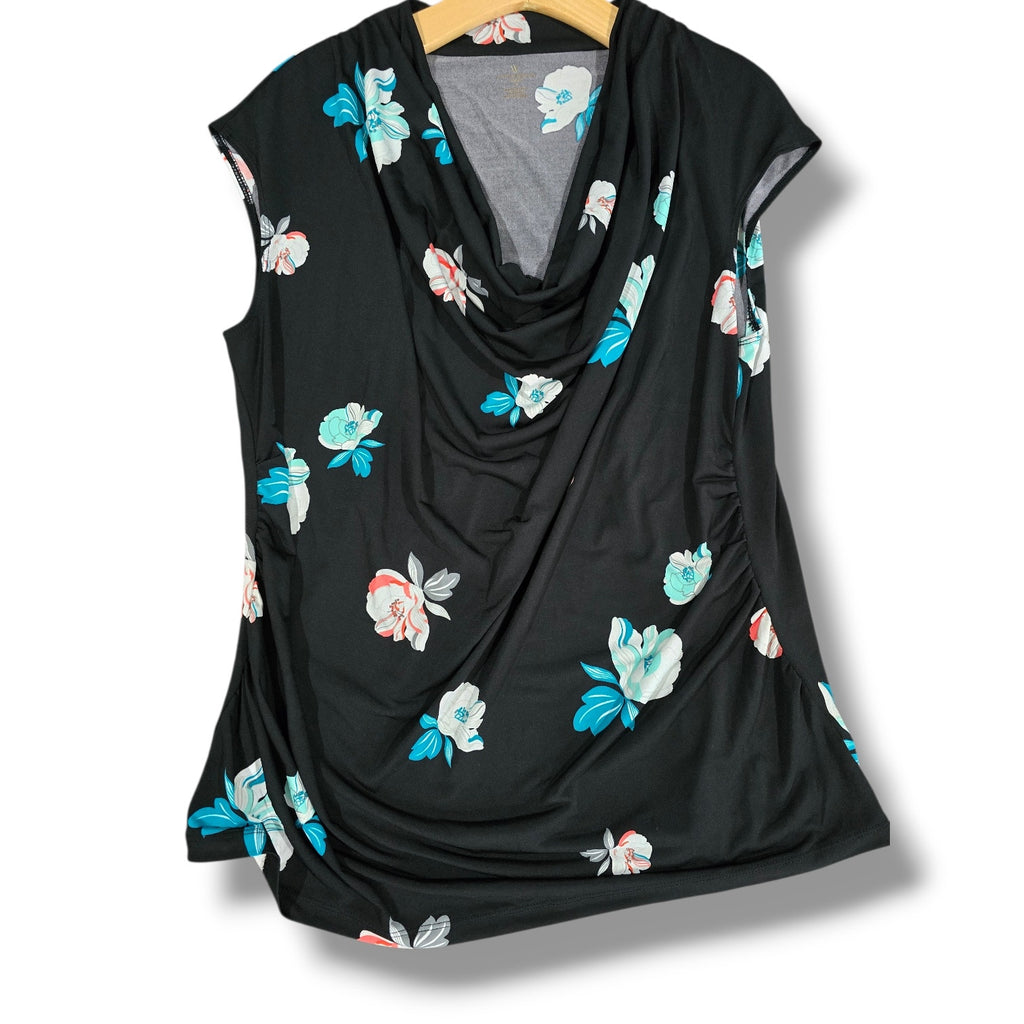 Worthington Woman plus size Black Floral Cowl Neck Cap Sleeve Blouse - 1x