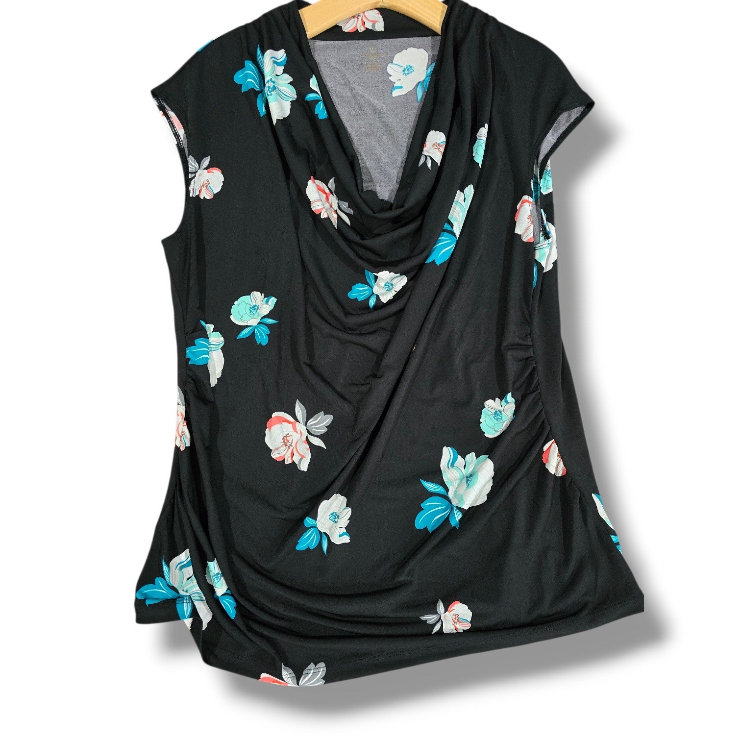 Worthington Woman plus size Black Floral Cowl Neck Cap Sleeve Blouse - 1x