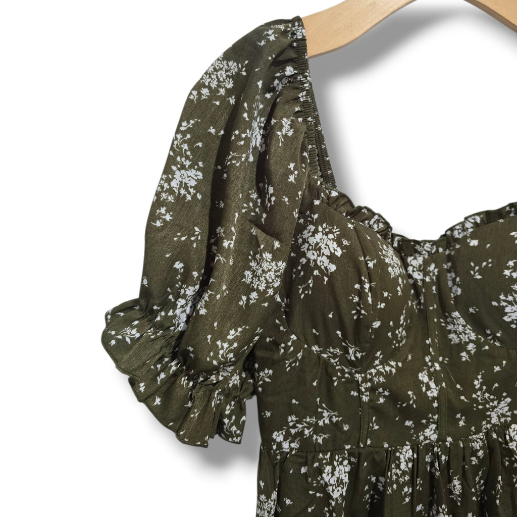 Inspired Hearts Women’s Olive Green Floral Puff Sleeve Corset Mini Dress Size M
