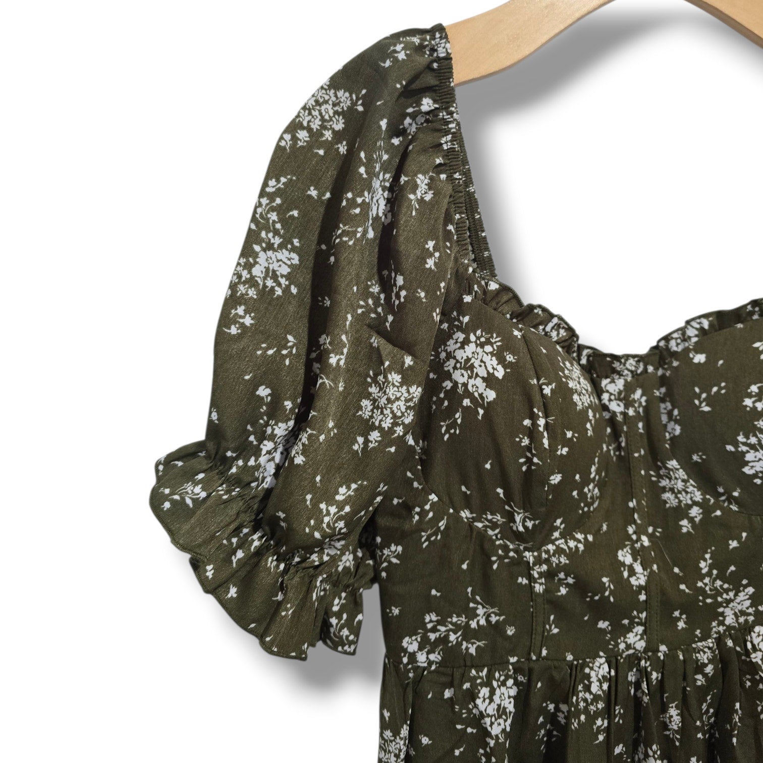 Inspired Hearts Women’s Olive Green Floral Puff Sleeve Corset Mini Dress Size M