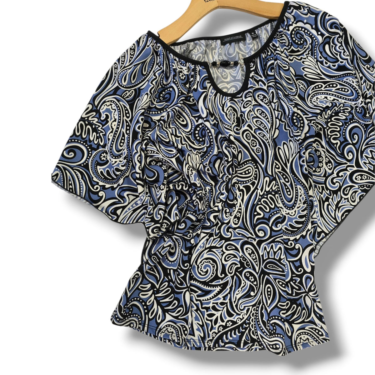 Notations Women’s Blue Black Paisley Print Blouse Medium Beaded Keyhole Top