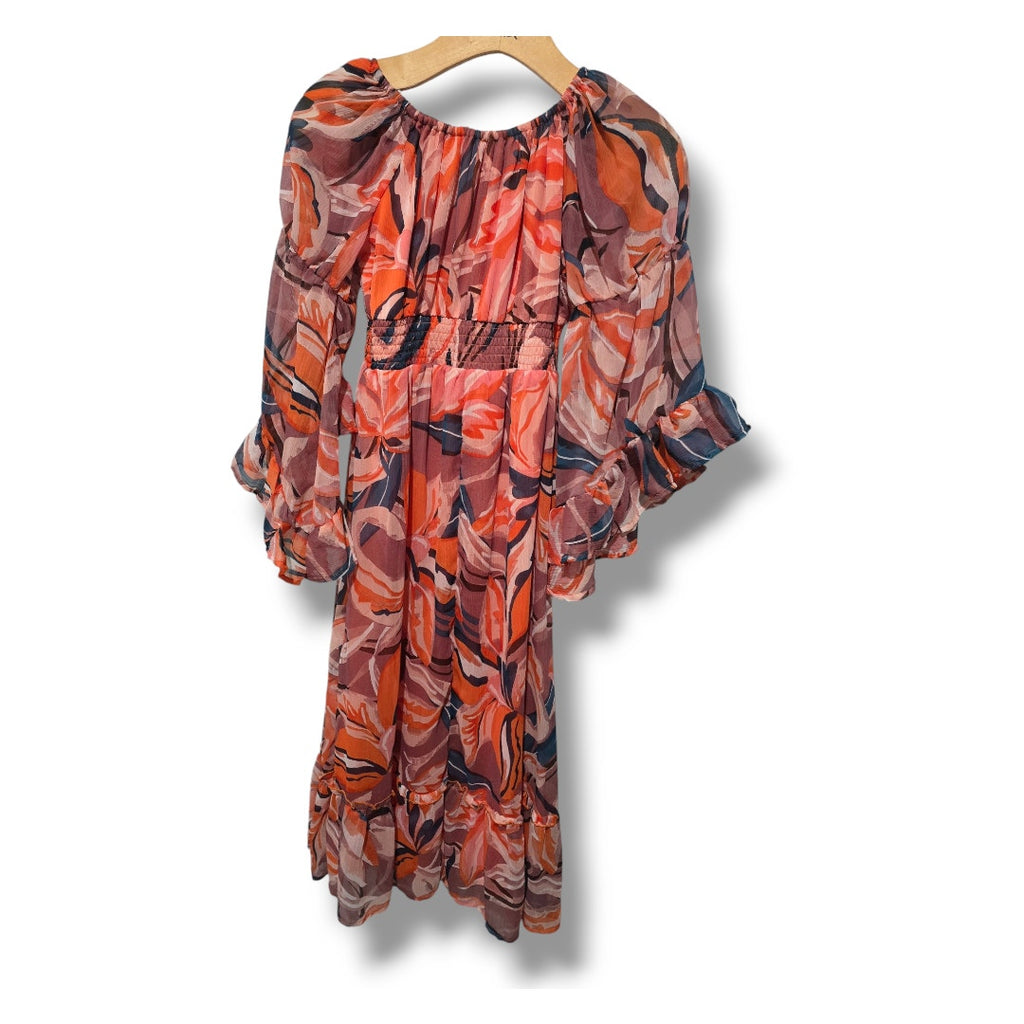 Blush Retro Floral Tassel Tie Maxi Dress Smocked Waist Small