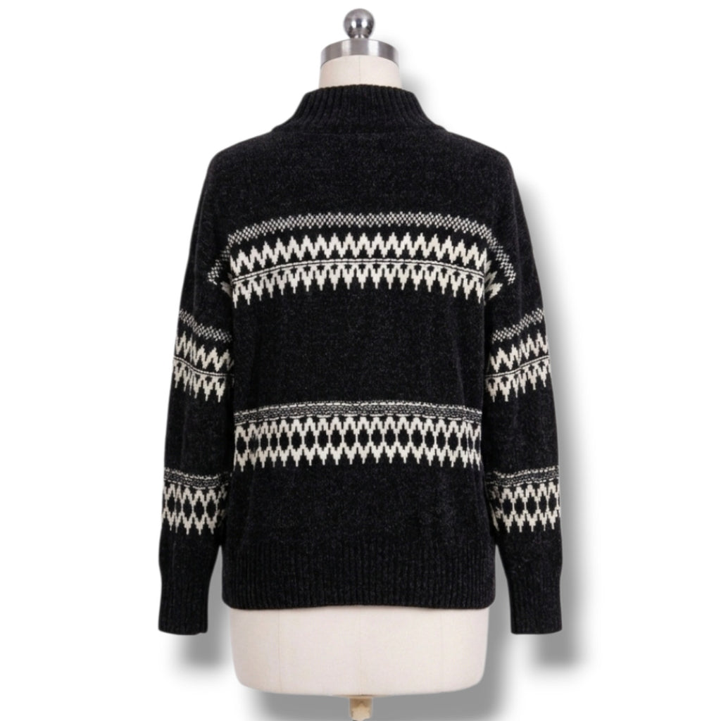 Christian Siriano New York Women's Black Chenille Fair Isle Mock Neck Sweater