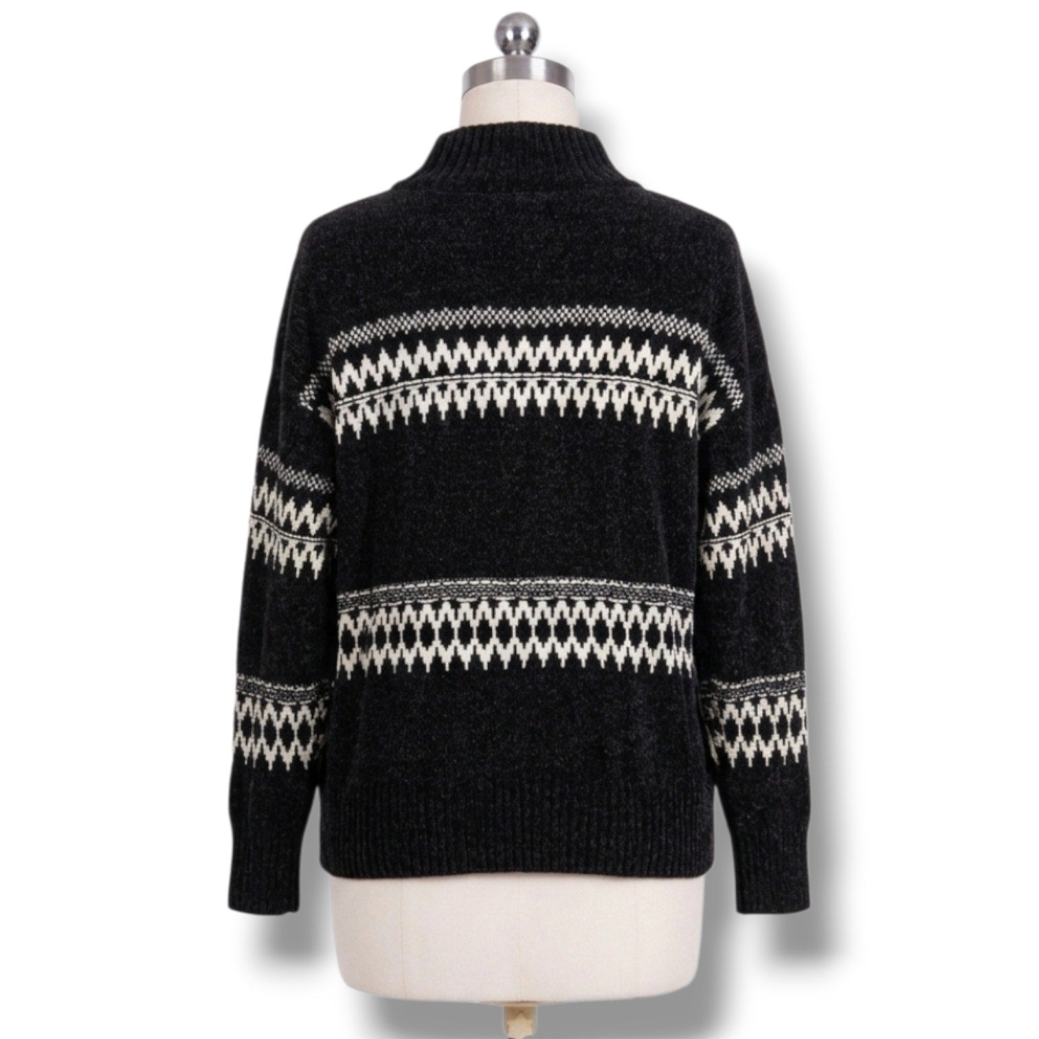 Christian Siriano New York Women's Black Chenille Fair Isle Mock Neck Sweater