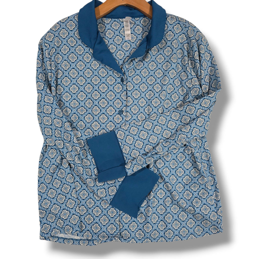 Flora by Flora Nikrooz Women’s Blue Geometric Long Sleeve Pajama Top Size Large