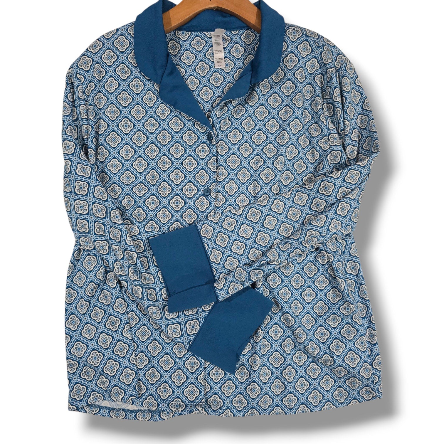 Flora by Flora Nikrooz Women’s Blue Geometric Long Sleeve Pajama Top Size Large
