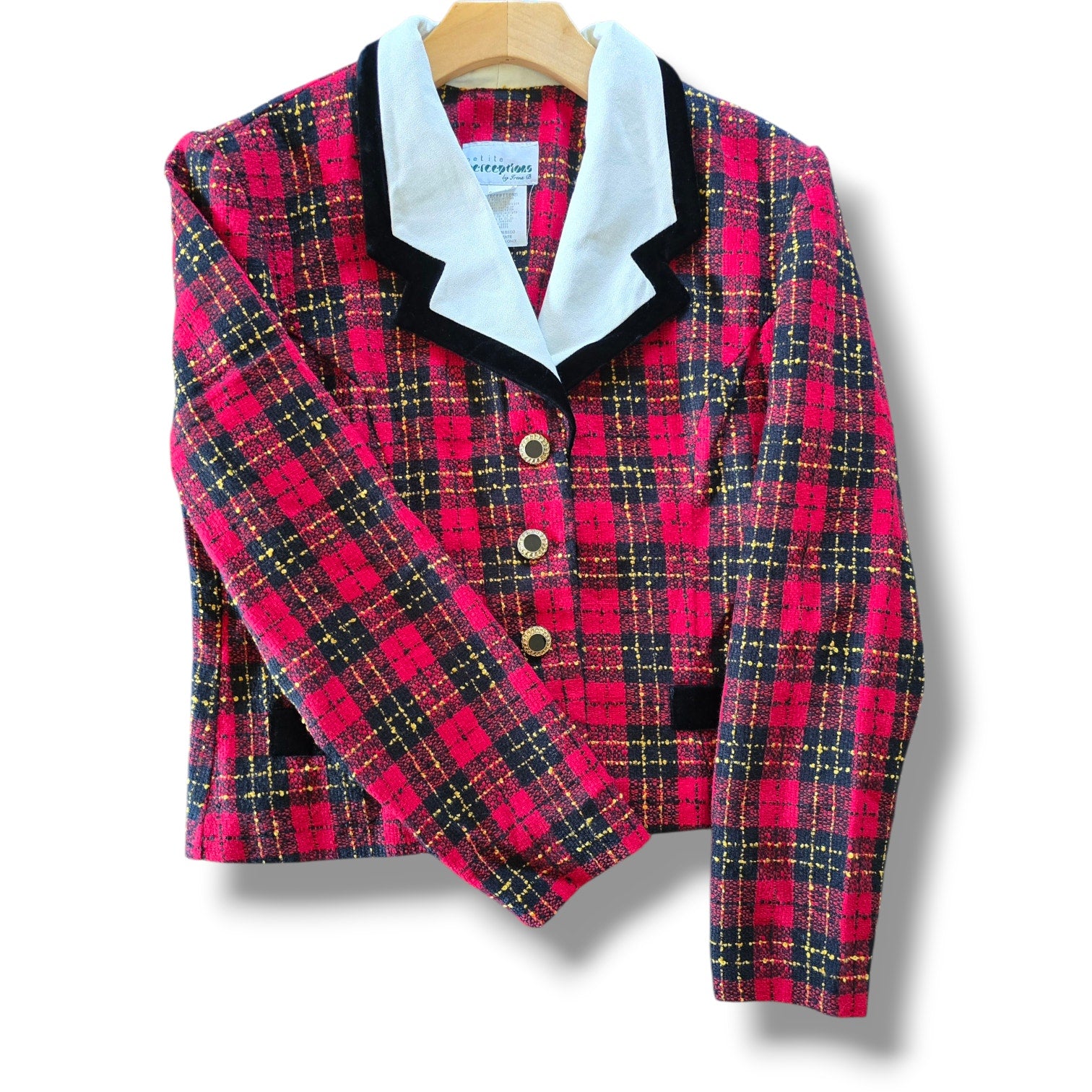 PETITE PERCEPTIONS by Irene B. Vintage Plaid Blazer Size 12P Red Black Gold
