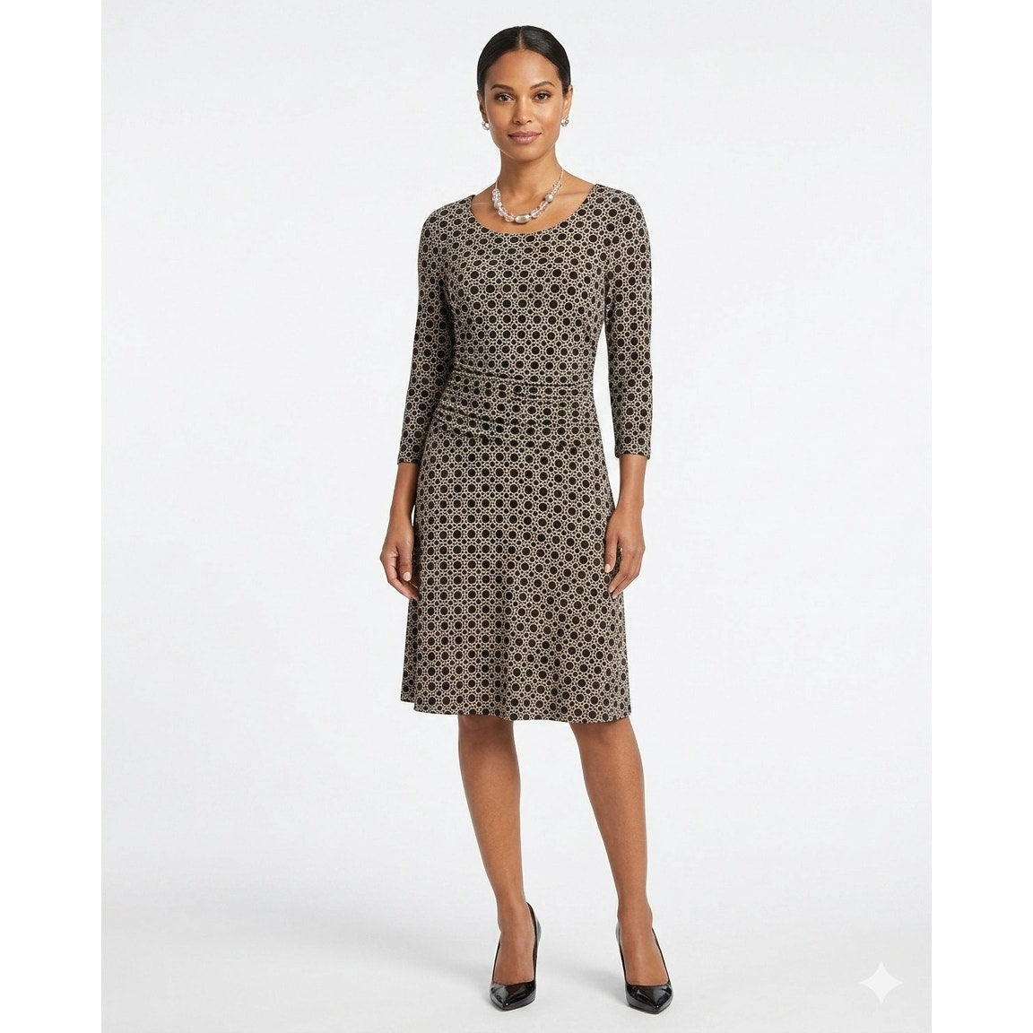 En Focus Studio Brown & Black Geometric Print Ruched Midi Dress Size 8