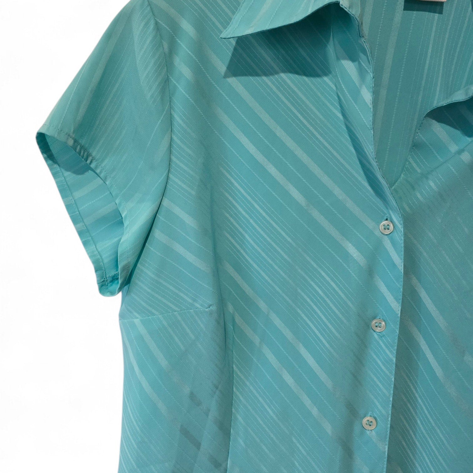 Worthington Teal Aqua Diagonal Stripe Short Sleeve Button Down Blouse Size 8