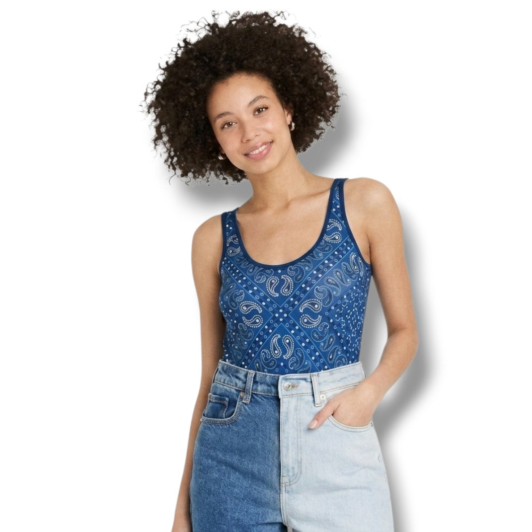 IML Isaac Morris LTD Women’s Blue Bandanna Print Bodysuit – Small, Cotton Blend