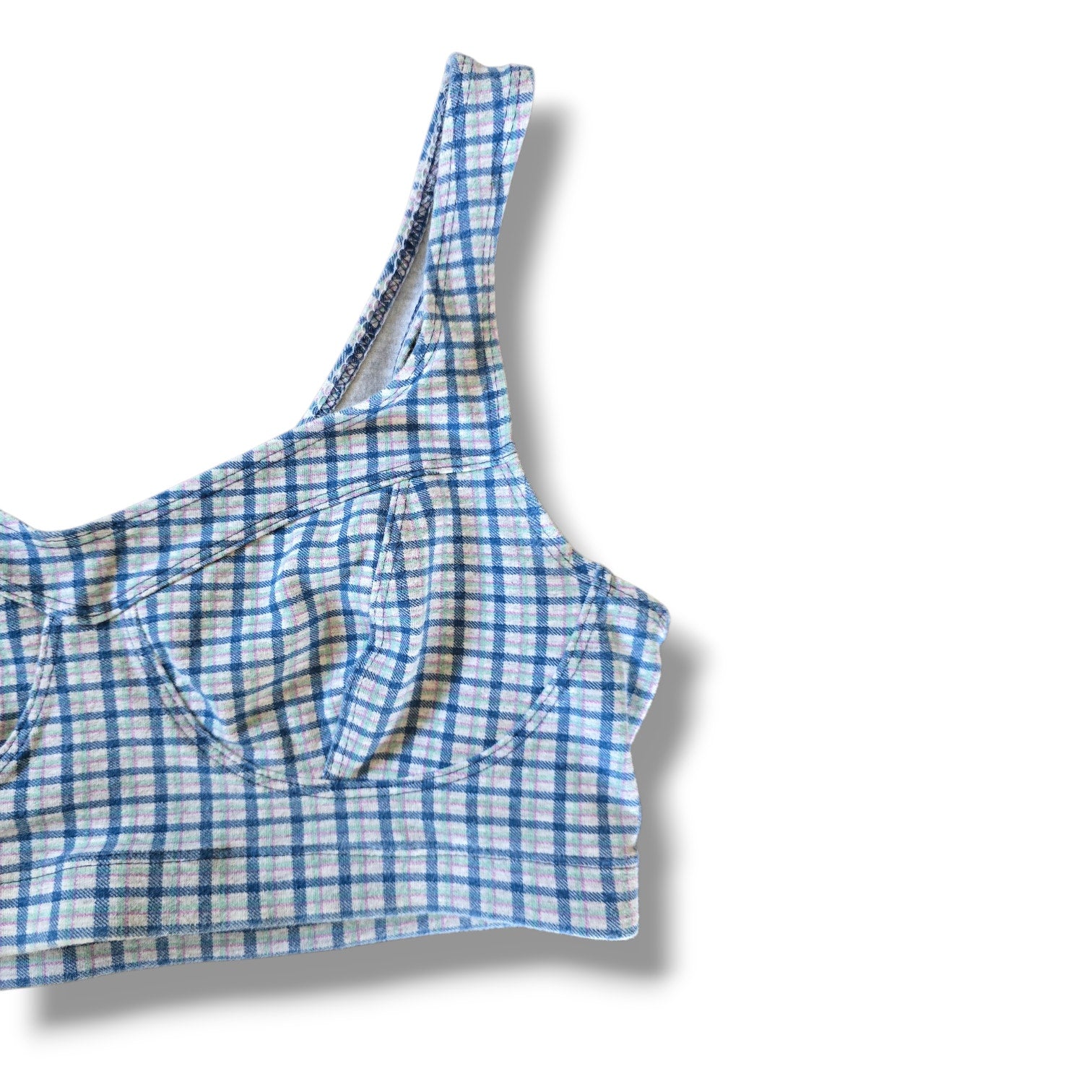 KATHY IRELAND Vintage Plaid Swim Top Large Blue White Gingham Bikini Crop