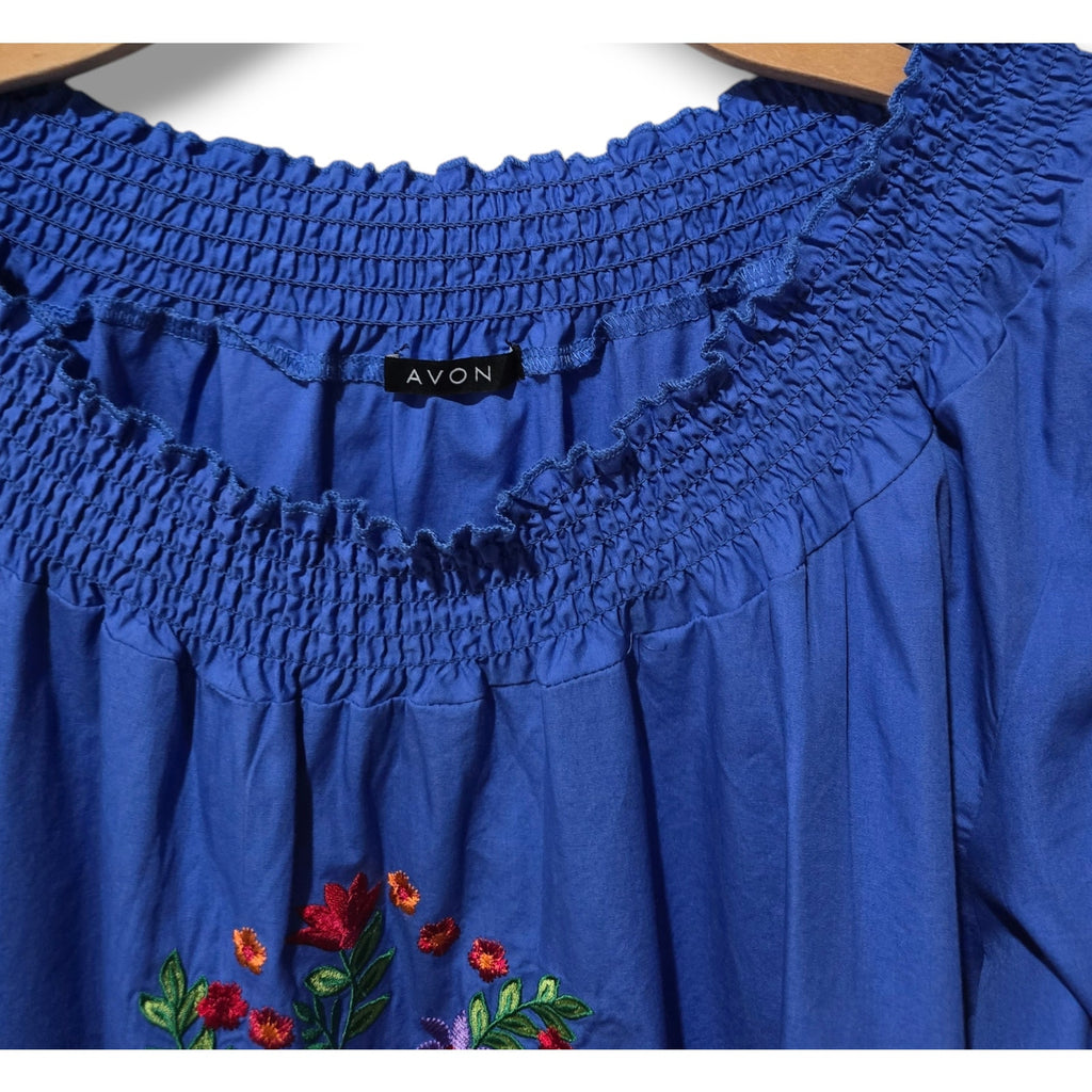 Avon Women’s Blue Boho Embroidered Blouse Large, Cotton Short Sleeve Gently Used