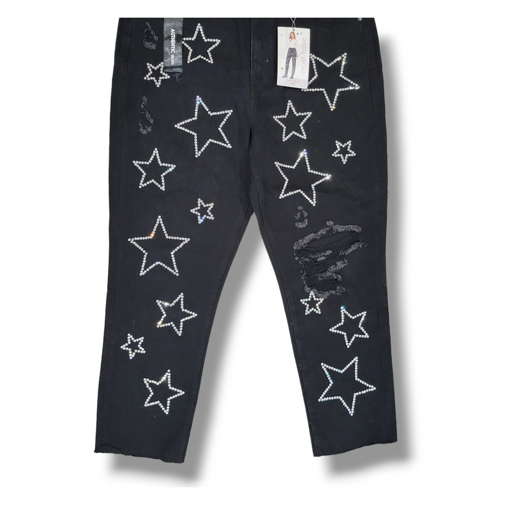 NWT Simple Society Black Rhinestone Star Jeans Juniors 17/33 High Rise Straight