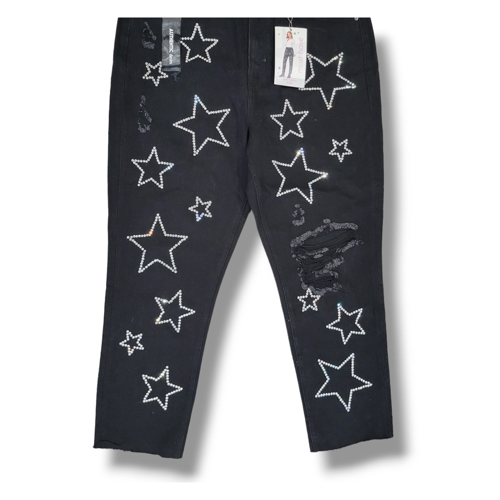 NWT Simple Society Black Rhinestone Star Jeans Juniors 17/33 High Rise Straight