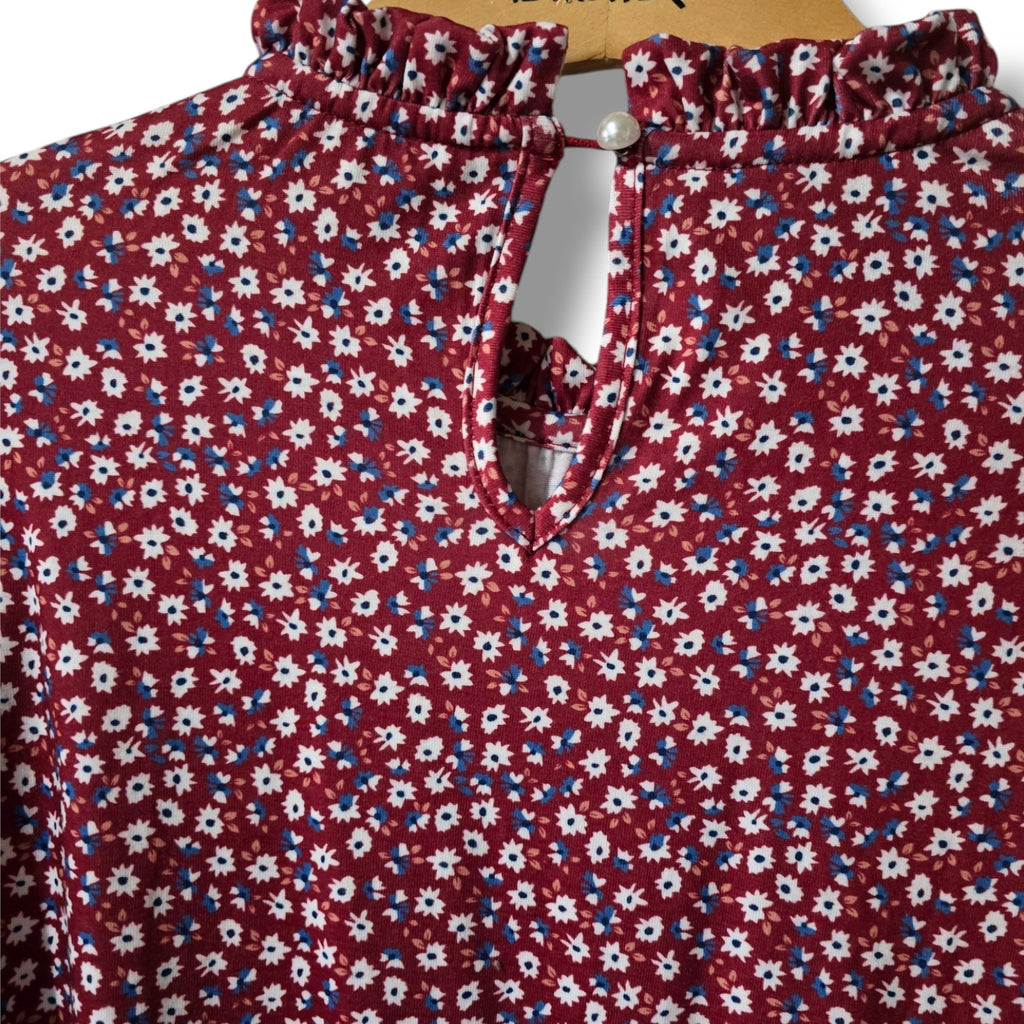 Lomon Women’s Burgundy Floral Long Sleeve Boho Blouse – Large