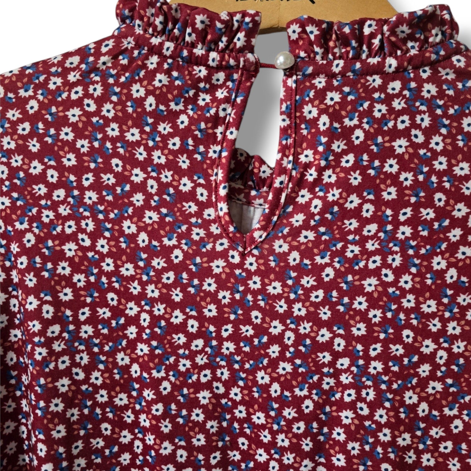 Lomon Women’s Burgundy Floral Long Sleeve Boho Blouse – Large