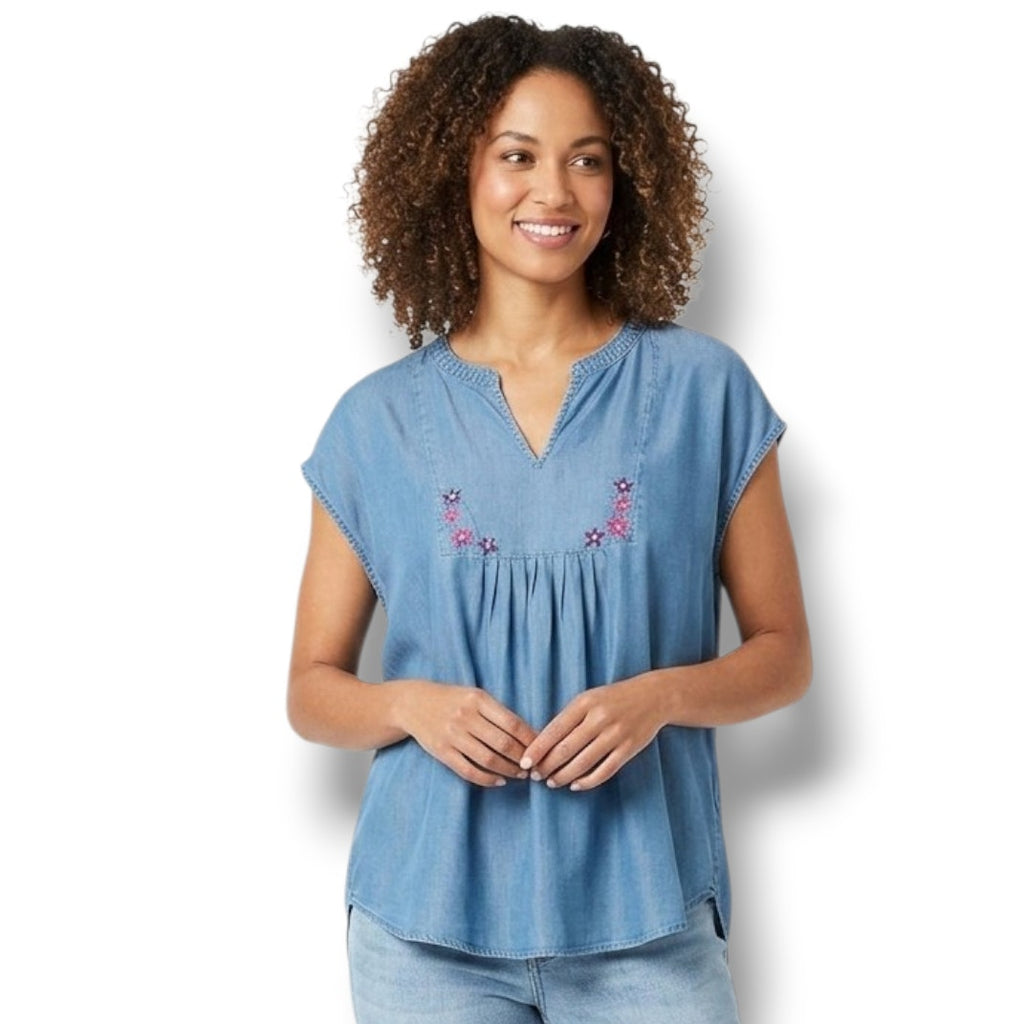 Liz Claiborne Women’s Chambray Blue Embroidered Sleeveless Top – 100% Lyocell XL