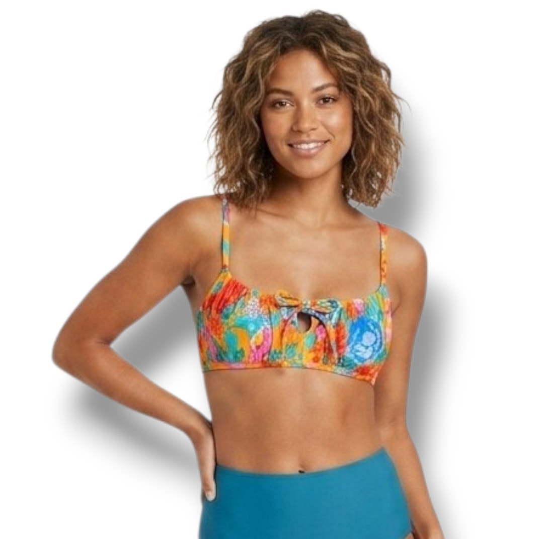 Xhilaration Juniors Orange Floral Tie-Front Bralette Bikini Top – Size XS, New