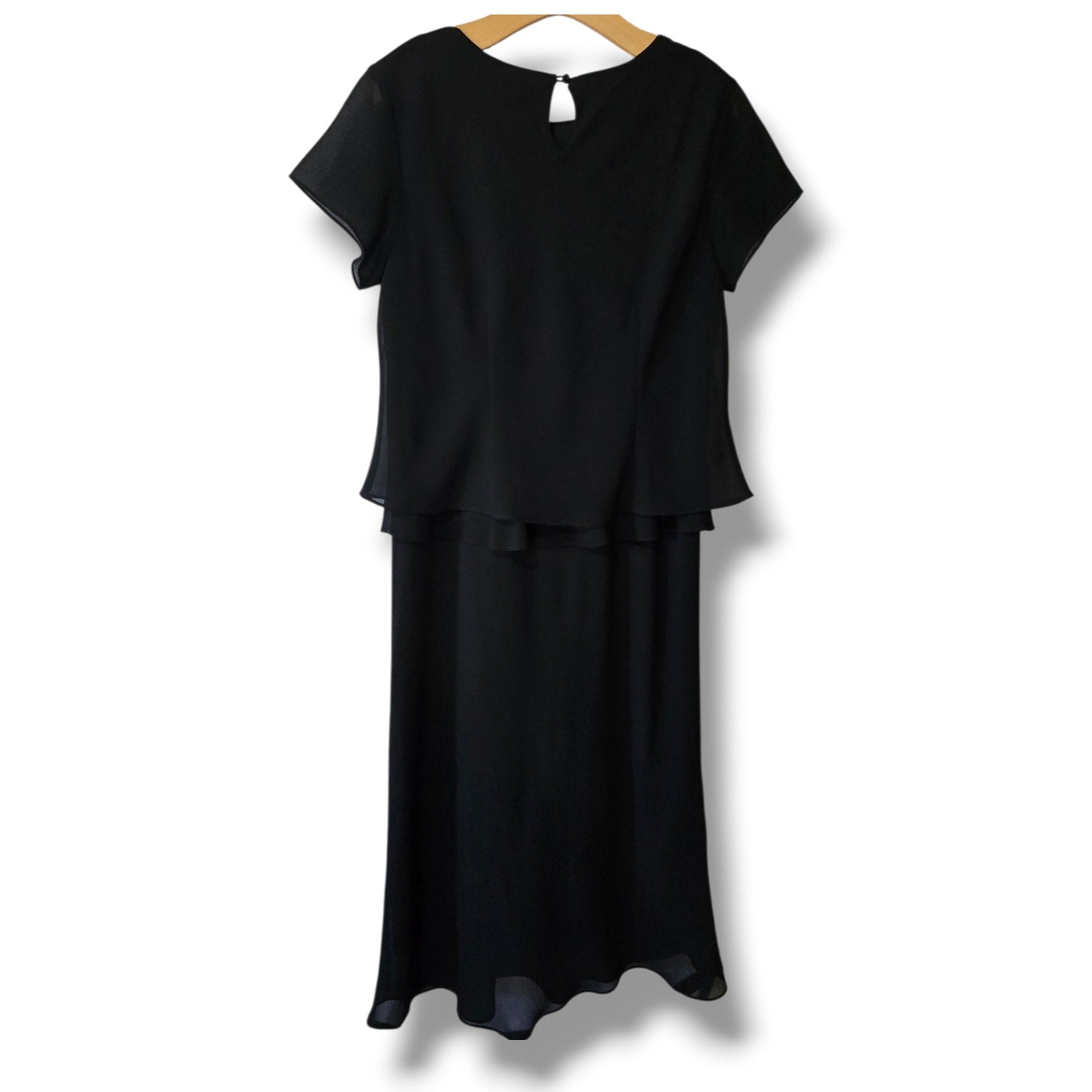 Dani Max Vintage Black Chiffon Tiered Dress 14 Beaded Neck Midi Evening