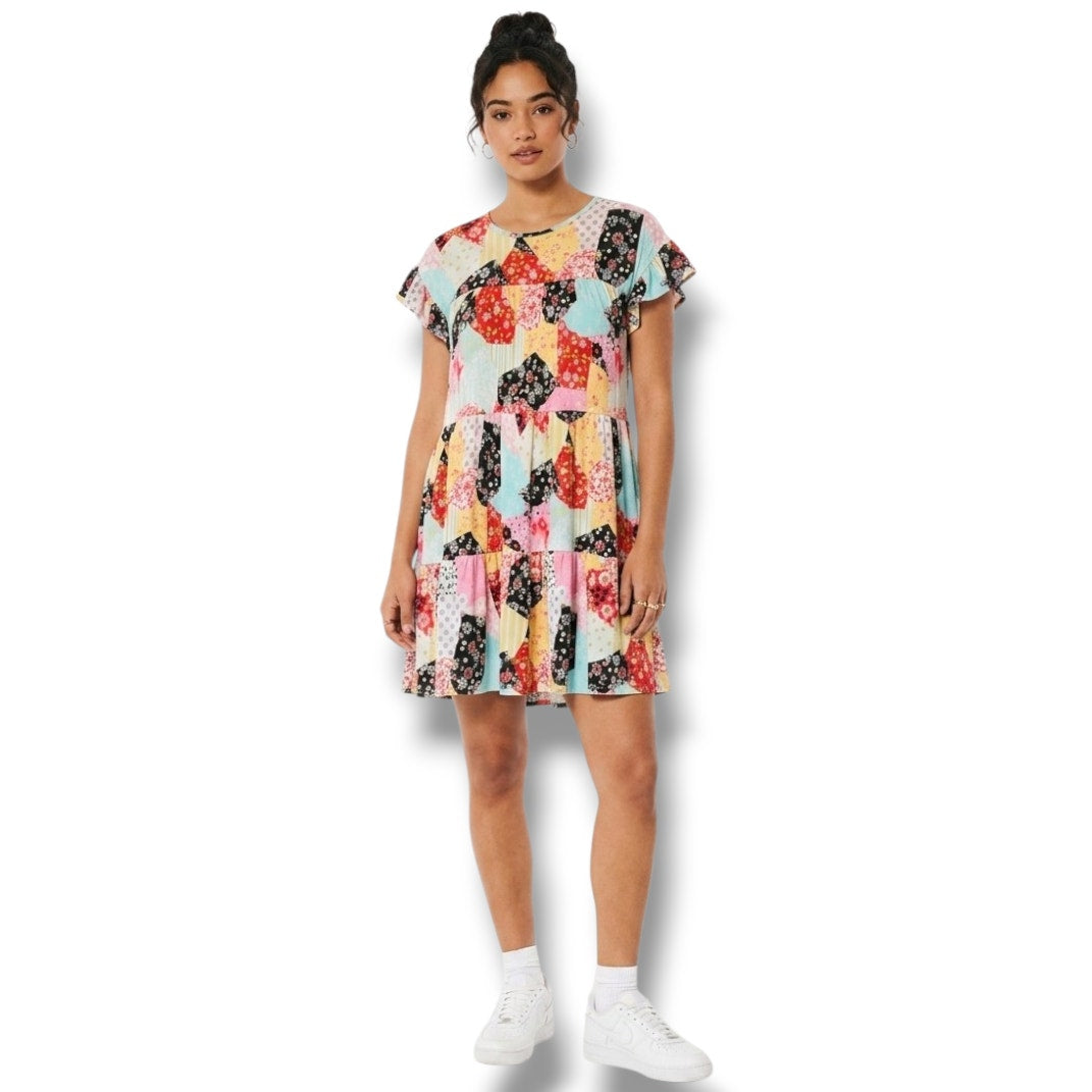 Perfect Peach Women’s Multicolor Patchwork Tiered Flutter Sleeve Dress – Large