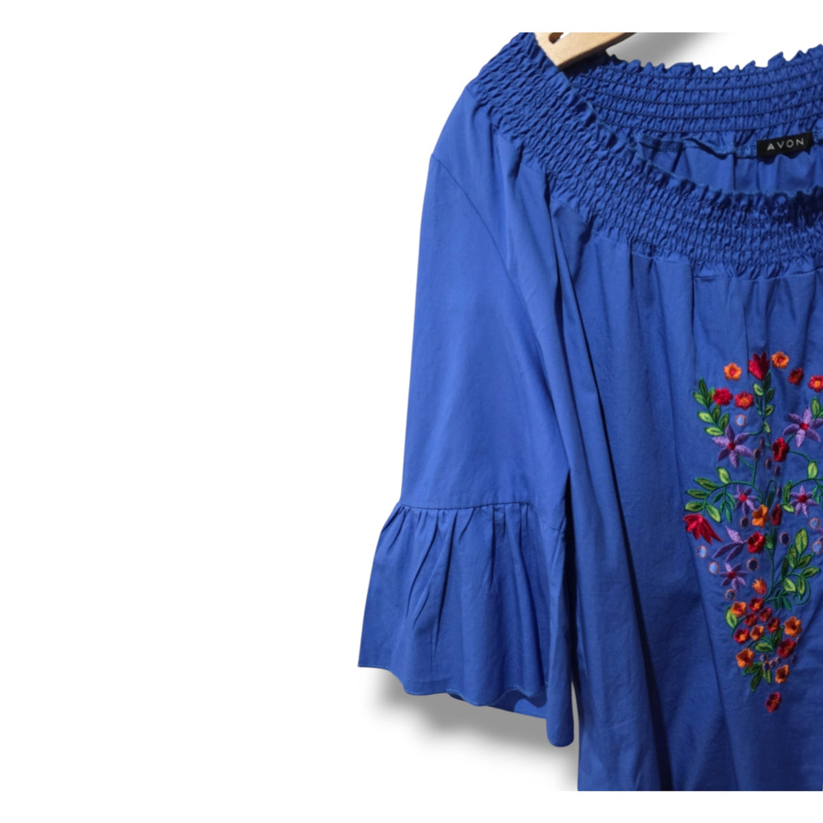 Avon Women’s Blue Boho Embroidered Blouse Large, Cotton Short Sleeve Gently Used