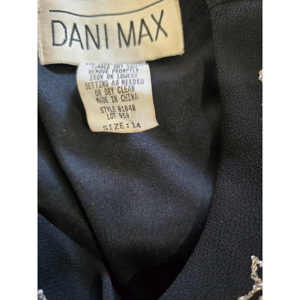 Dani Max Vintage Black Chiffon Tiered Dress 14 Beaded Neck Midi Evening