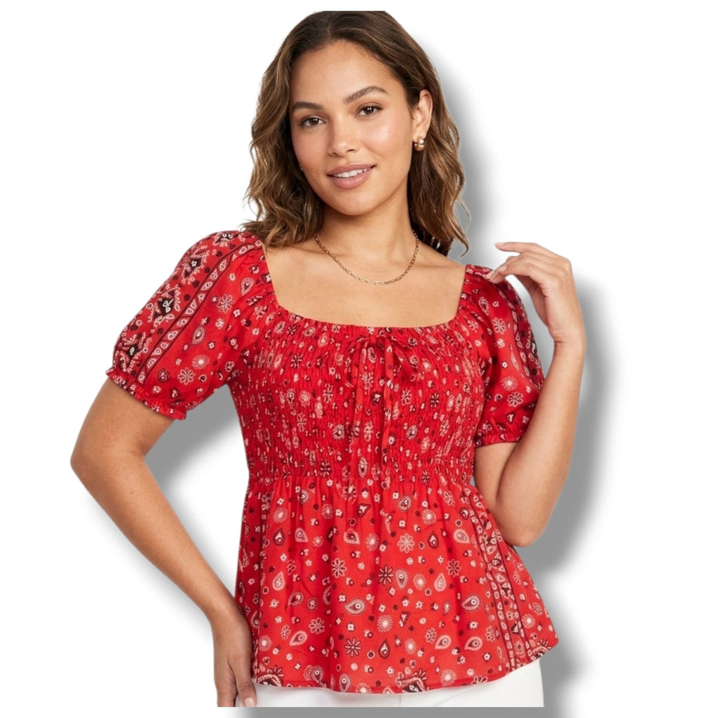 No Boundaries Juniors red bandanna print front twist Smocked short sleeves top