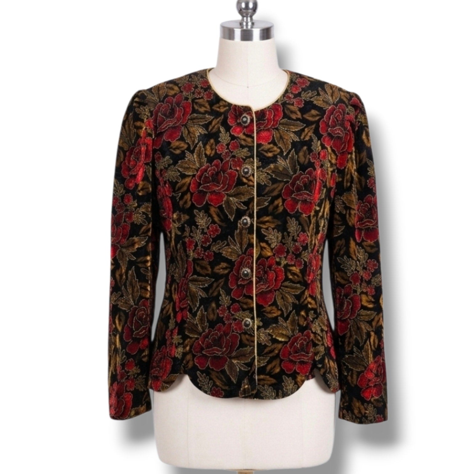 R&K Evening Vintage Women's Size 16 Red Floral Velvet Metallic Blazer Jacket