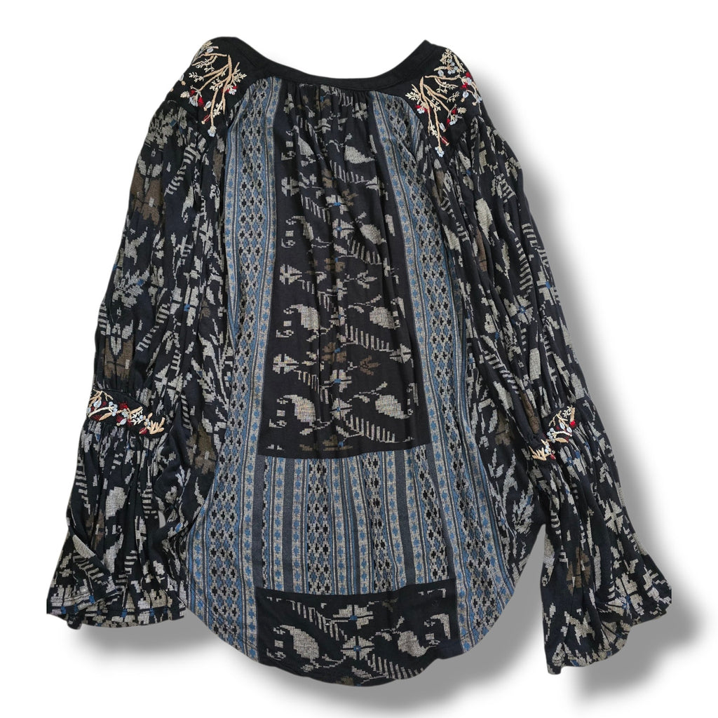 Lucky Brand Boho Embroidered Mixed-Print Peasant Blouse – Size Medium