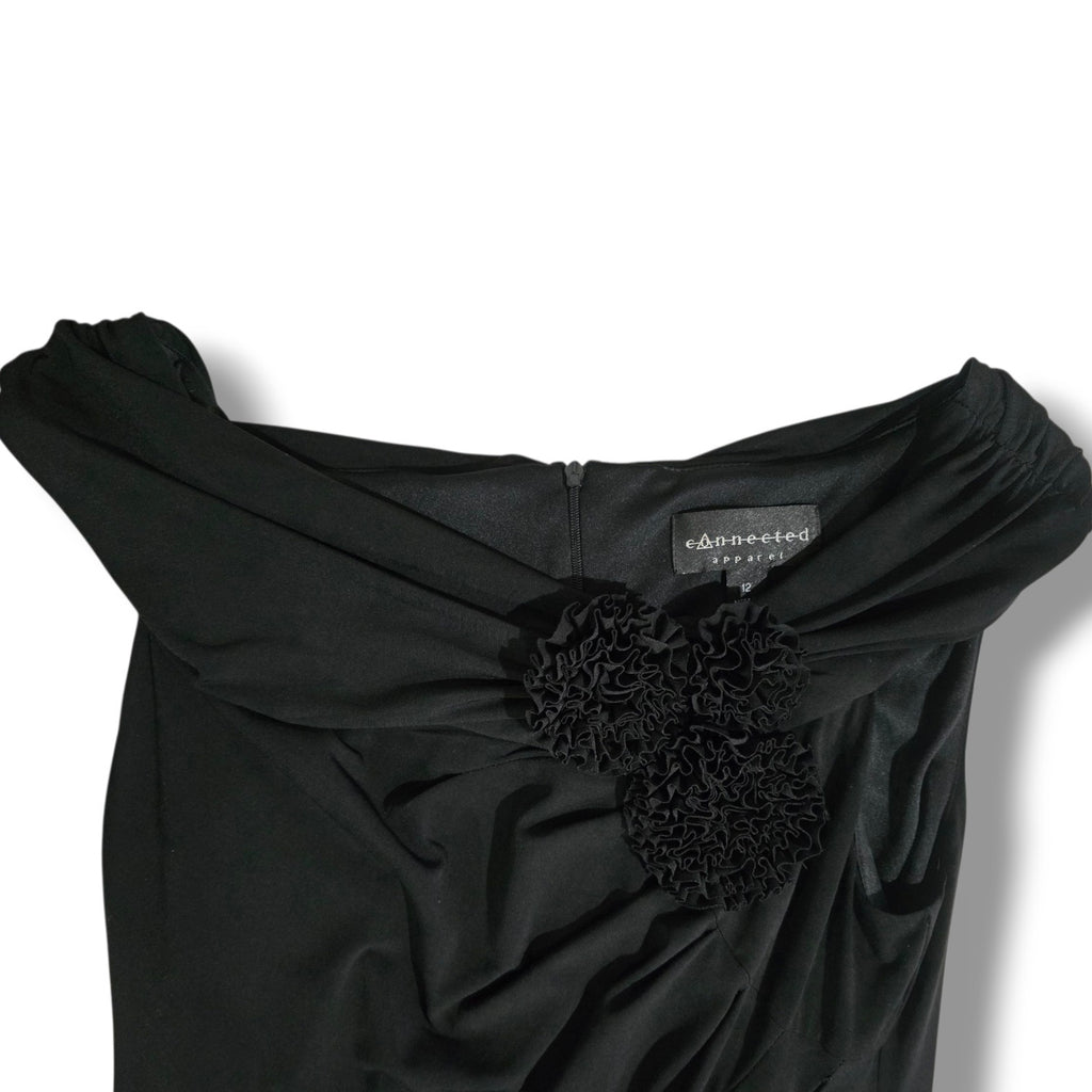 Connected Apparel Women’s Black Off-Shoulder Floral Accent Dress