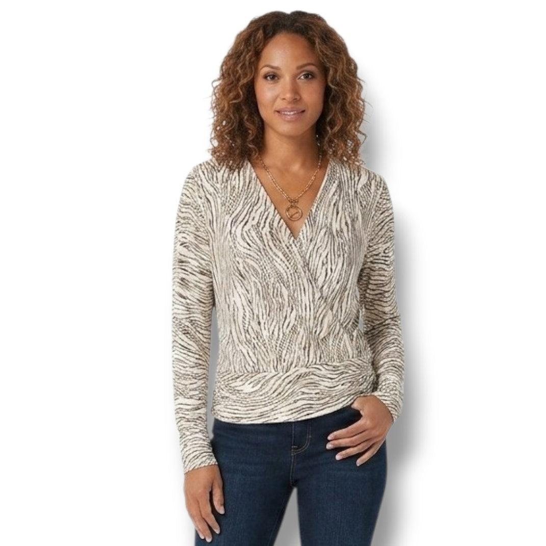 H&M Women’s Cream Animal Print Wrap Blouse – Large, Polyester Blend, Gently Used