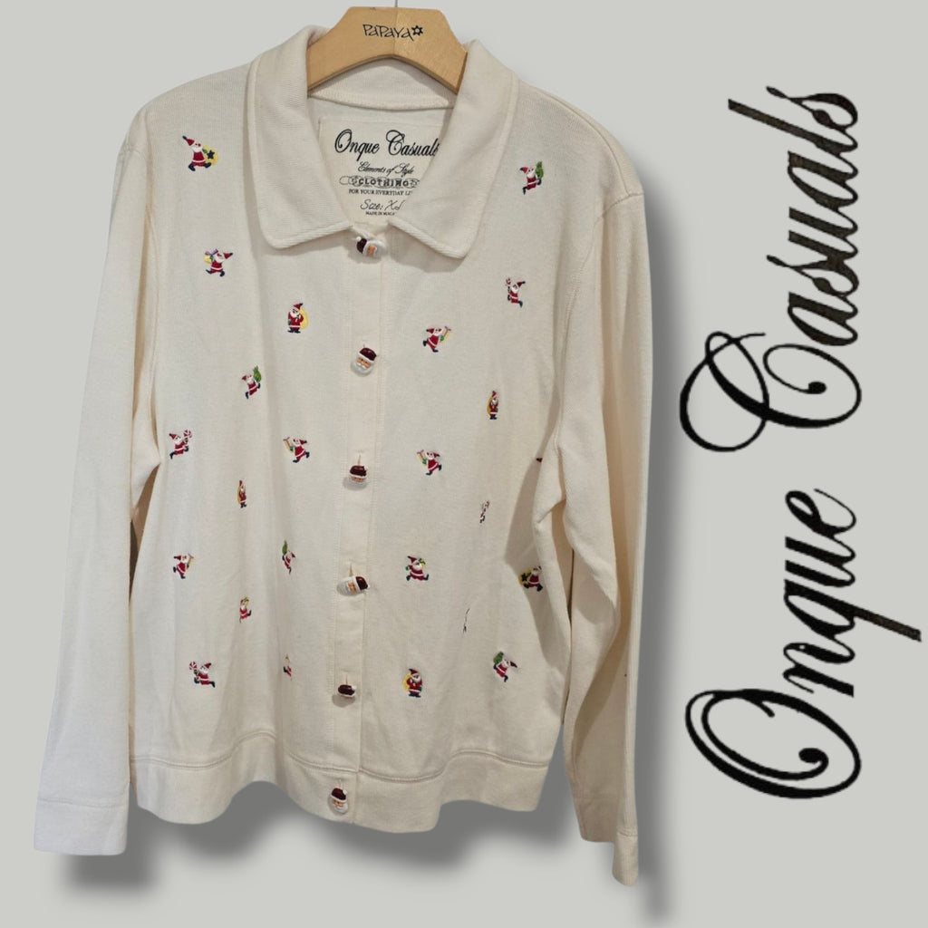 Onque Casuals XL Button-Down Santa Embroidered Christmas Sweater Cotton Blend