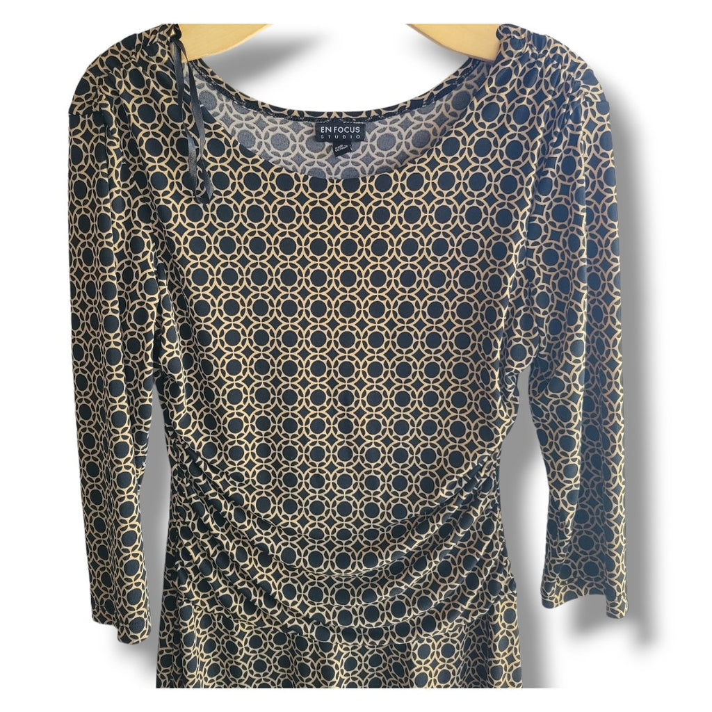 En Focus Studio Brown & Black Geometric Print Ruched Midi Dress Size 8