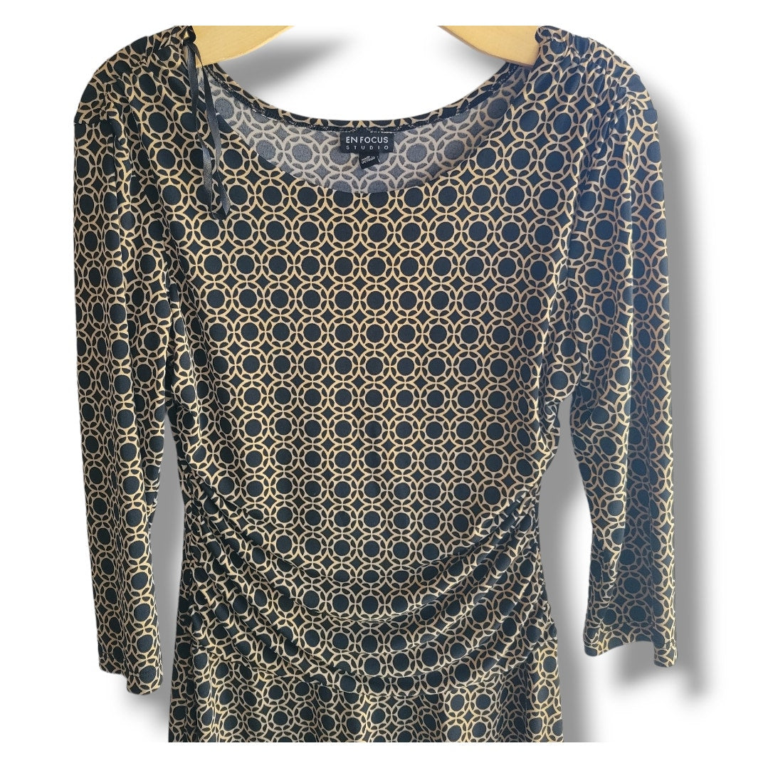 En Focus Studio Brown & Black Geometric Print Ruched Midi Dress Size 8
