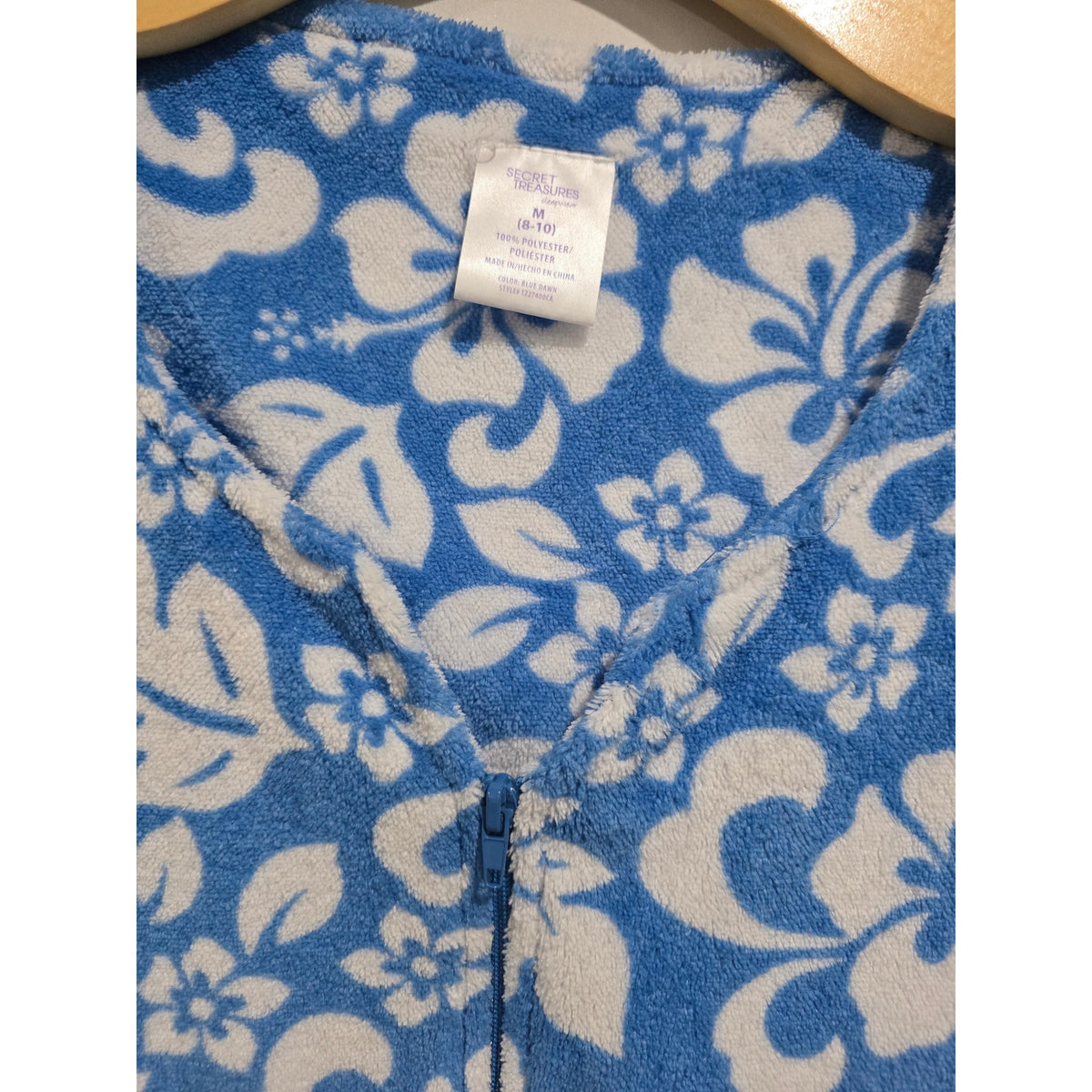 Secret Treasures Blue White Tropical Hibiscus Terry Zip Up House Dress Robe M