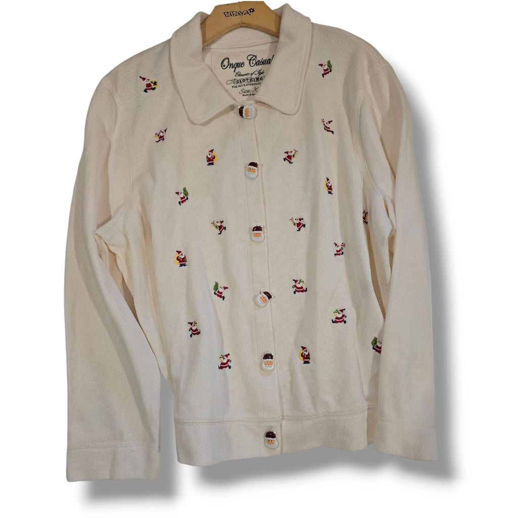 Onque Casuals XL Button-Down Santa Embroidered Christmas Sweater Cotton Blend