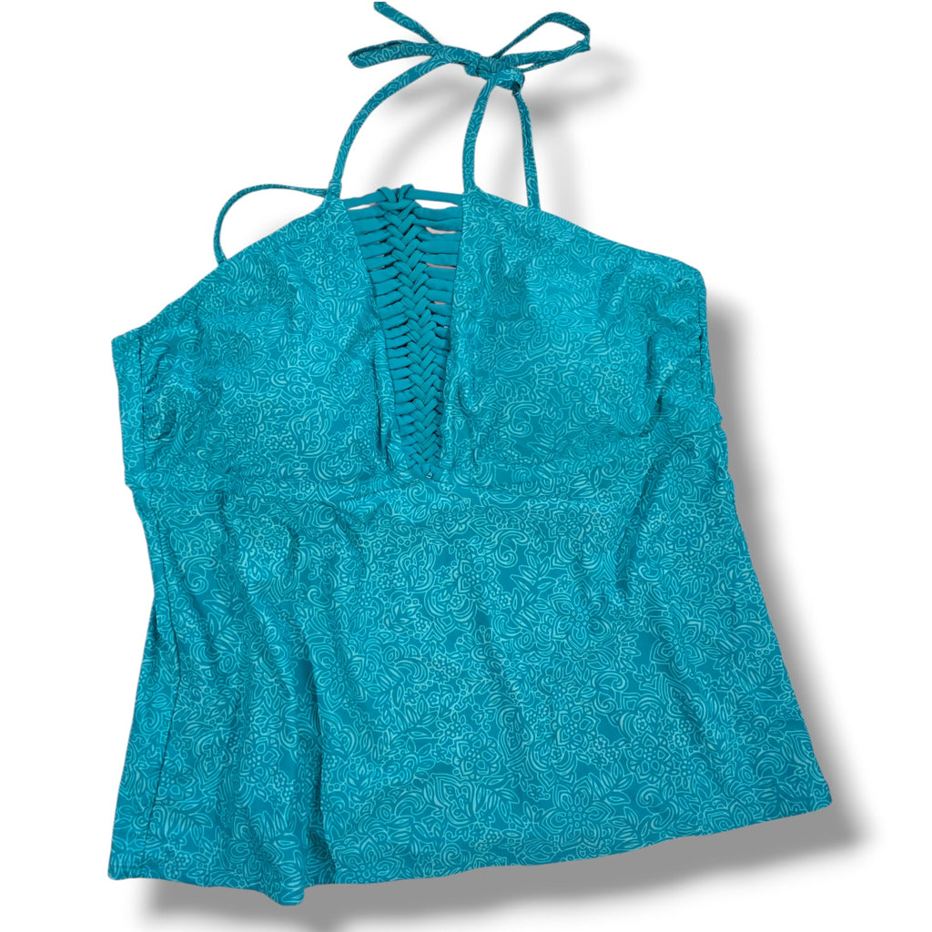 Catalina women's Plus Size Blue Paisley Floral Crochet Halter Tankini Top 3X
