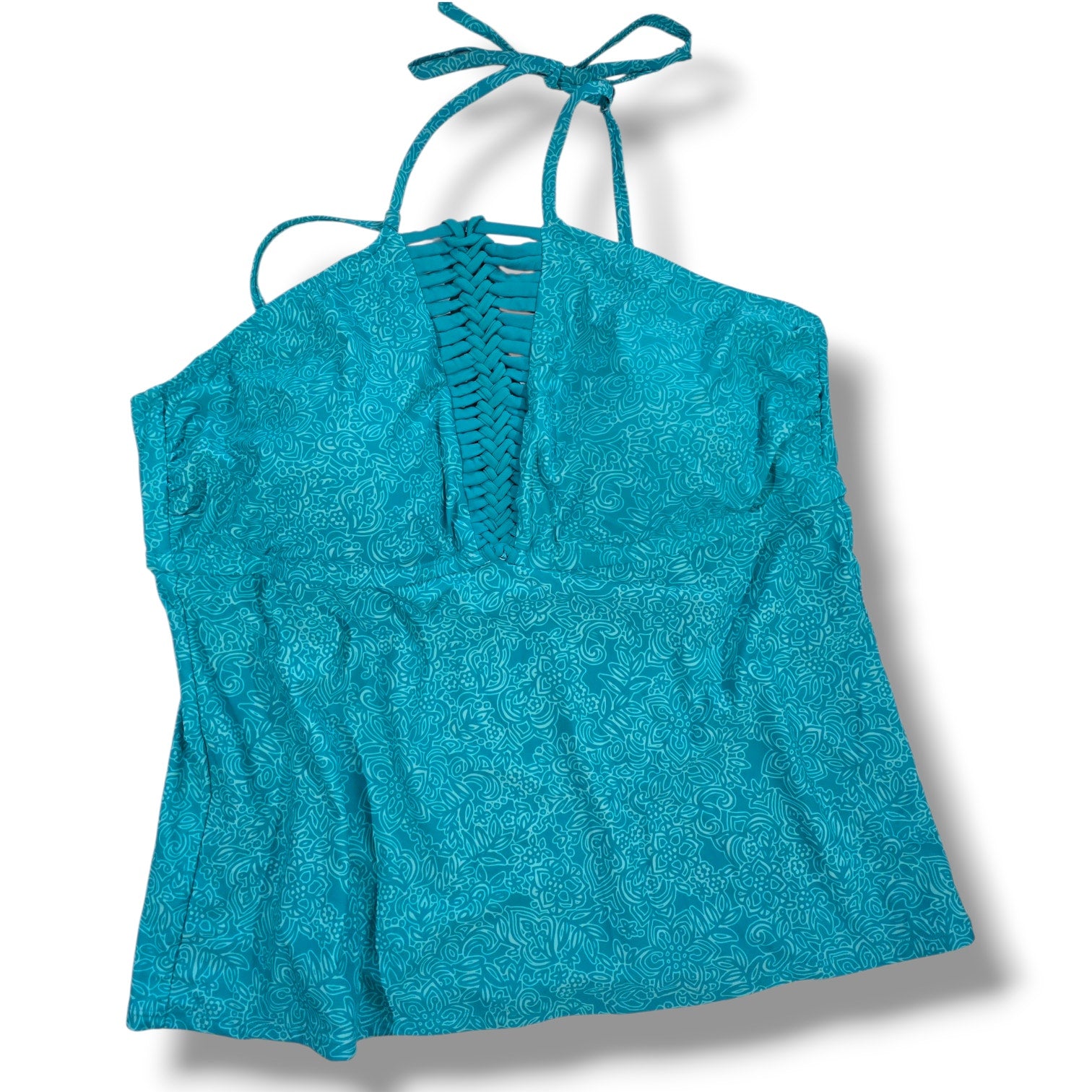 Catalina women's Plus Size Blue Paisley Floral Crochet Halter Tankini Top 3X