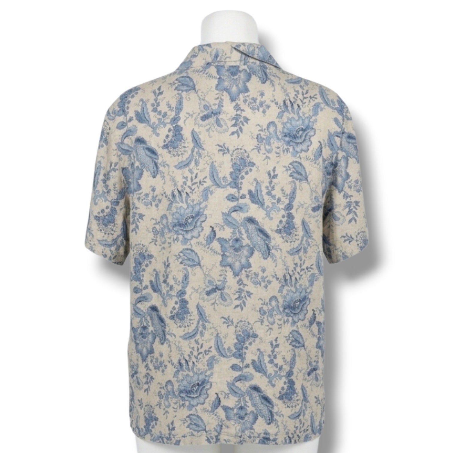 Charter Club Woman Size 16W Blue Beige Floral 100% Linen Button Down Shirt